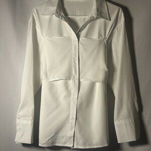 White Button Front Blouse Tie Back Long Sleeve Top Size S